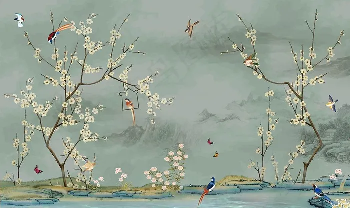 手绘花鸟新中式背景墙图片(9071X5669(DPI:72))psd模版下载