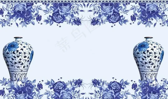 3D立体青花瓷花瓶花边背景墙图片