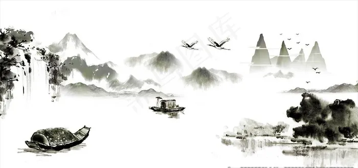 水墨  山水  墙绘图片(1575X787(DPI:100))psd模版下载