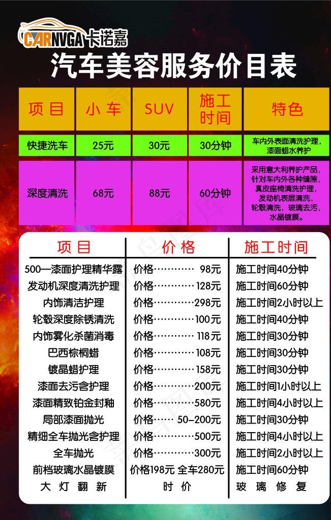 卡诺嘉汽车美容服务价目表图片