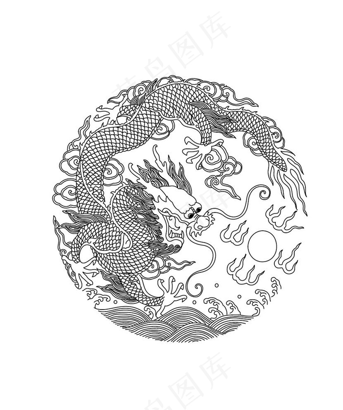 圆龙 龙 线条龙 矢量龙 黑白图片