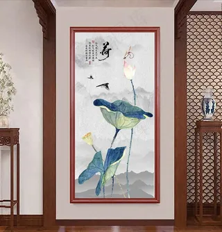 中式素雅荷花玄关画图片