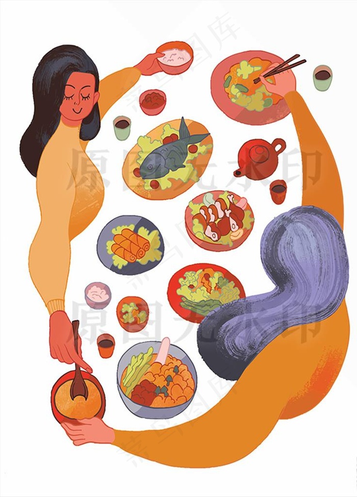 中餐馆川菜炒菜闺蜜聚餐卡通插图图片ai矢量模版下载