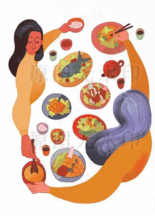 中餐馆川菜炒菜闺蜜聚餐卡通插图图片