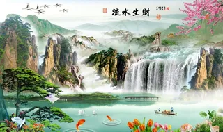 流水生财背景墙图片