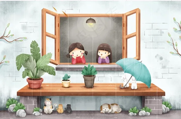 下雨窗户躲雨可爱清新图设计图片(3543X2450(DPI:150))psd模版下载