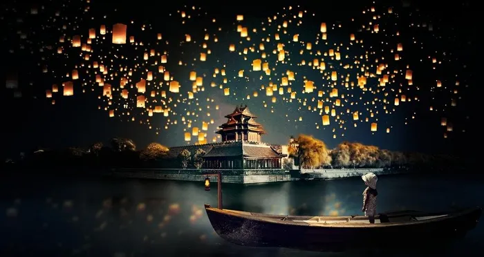 夜空孔明灯图片