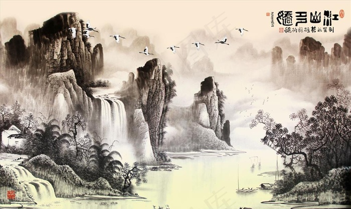 水墨山水 小船 鹤 背景墙图片