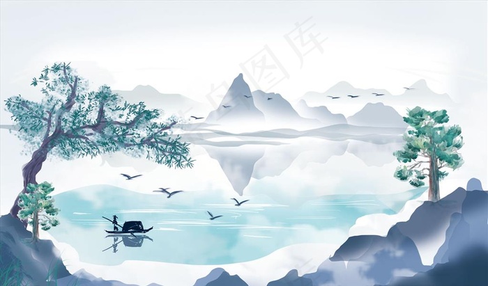 水墨山水 小船 树 背景墙图片(9071X5669(DPI:72))psd模版下载