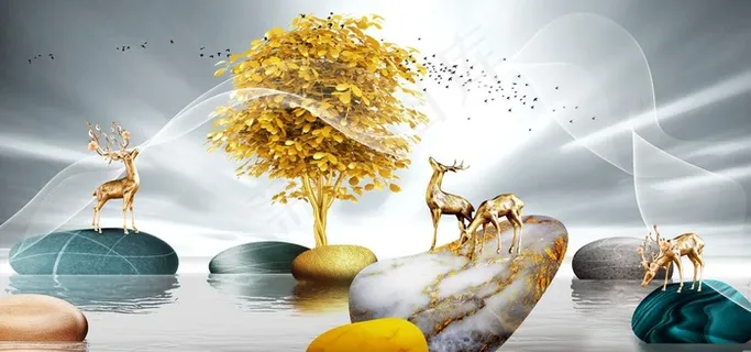 新中式石头大树麋鹿山水装饰画图片 新中式石头大树麋鹿山水装饰画图片