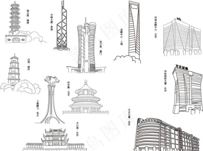 城市著名地标线稿图片ai矢量模版下载