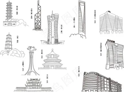 城市著名地标线稿图片