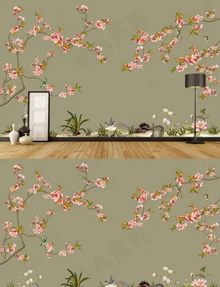 现代手绘新中式工笔花鸟背景墙图片