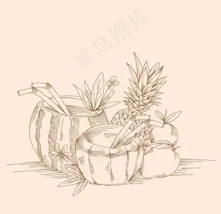 手绘菠萝苹果椰子汁图片