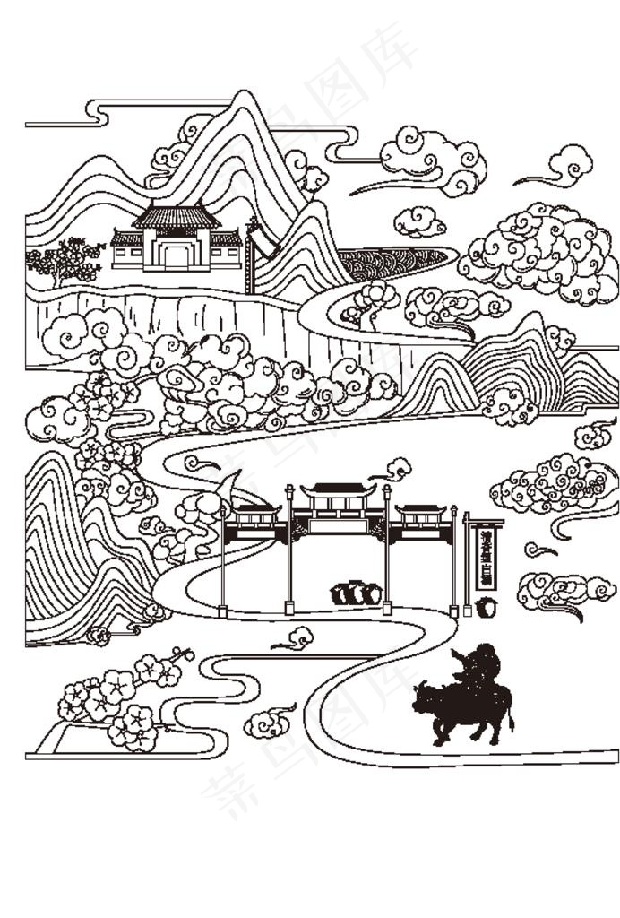 杏花村线稿图片ai矢量模版下载