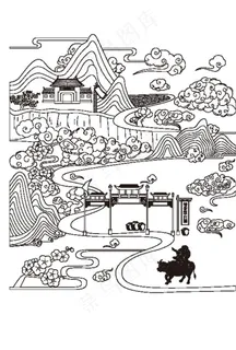 杏花村线稿图片