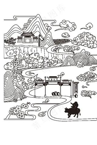 杏花村线稿图片