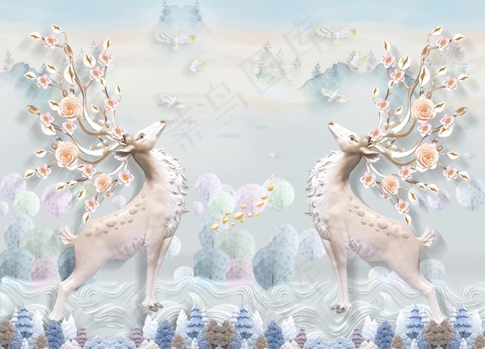 唯美森林梅花鹿小鸟背景墙图片