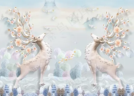 唯美森林梅花鹿小鸟背景墙图片 唯美森林梅花鹿小鸟背景墙图片