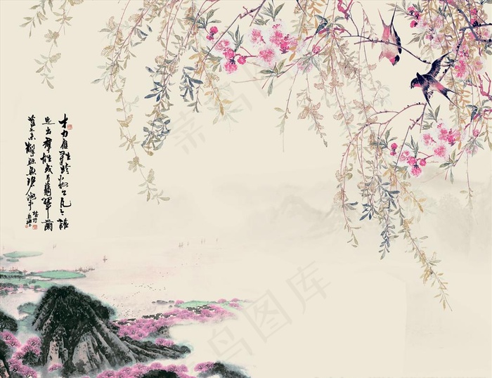 花鸟画 梅花 垂柳 背景墙图片