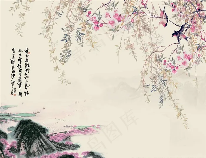 花鸟画 梅花 垂柳 背景墙图片(8504X6803(DPI:72))psd模版下载