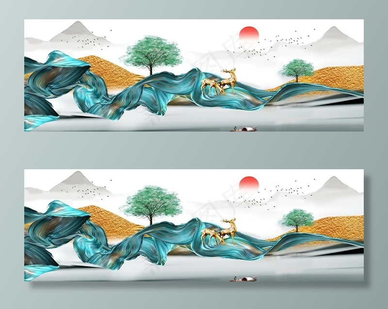 新中式飘带丝绸水墨山水装饰画图片