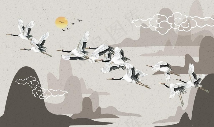 中式仙鹤水墨山水背景墙图片