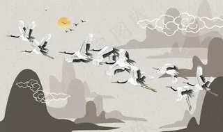 中式仙鹤水墨山水背景墙图片