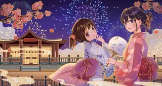 夏日花火祭和风浴衣少女插画图片