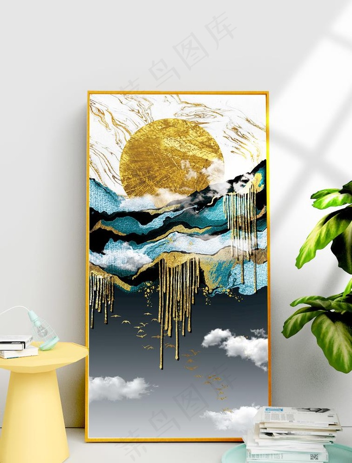 现代抽象金箔山水玄关装饰画图片
