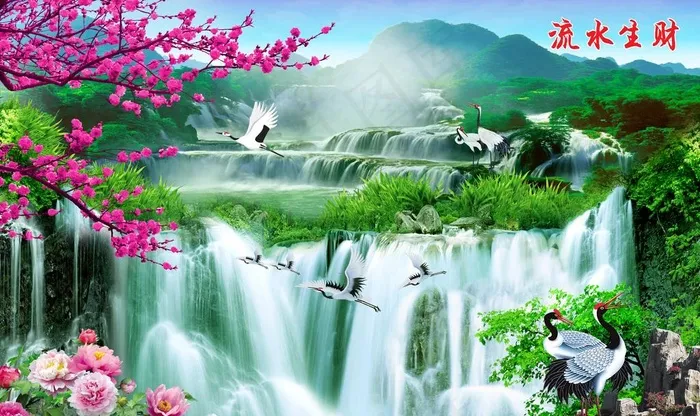 梅花开山水风景壁画背景墙图片(9071X5669(DPI:72))psd模版下载