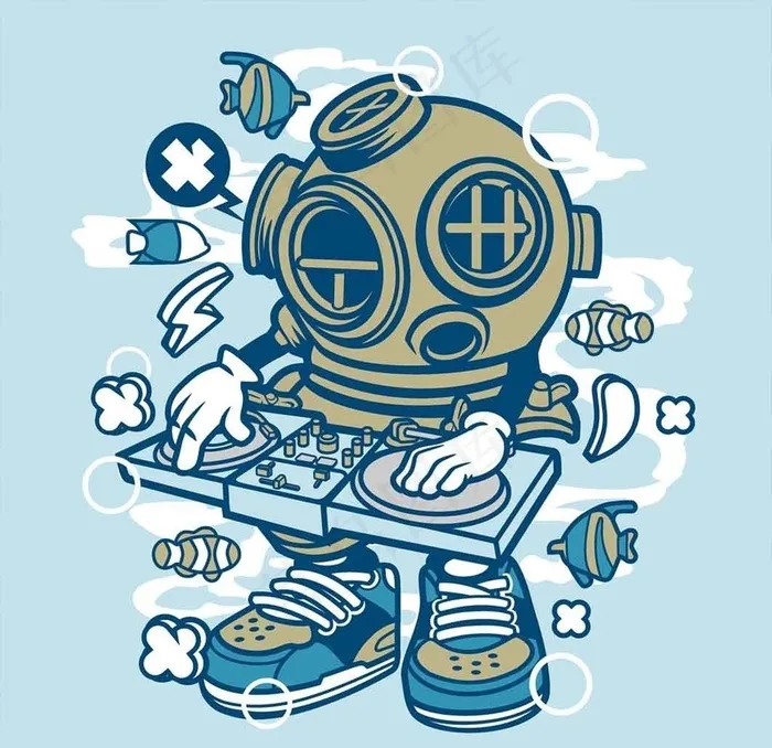 卡通DJ潜水员图片ai矢量模版下载