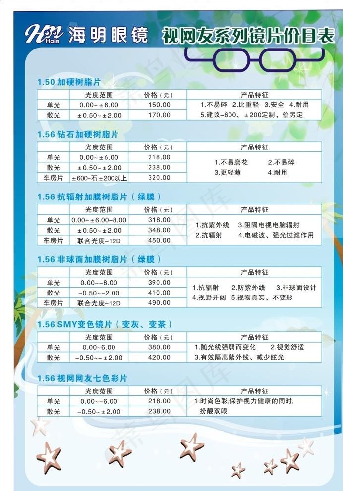 海明眼镜价目表图片cdr矢量模版下载