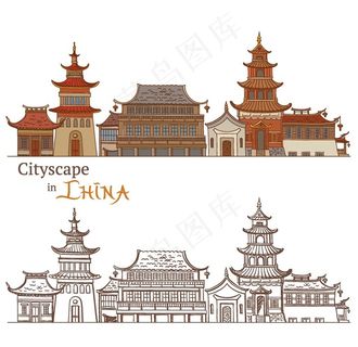 中式建筑物插画图片