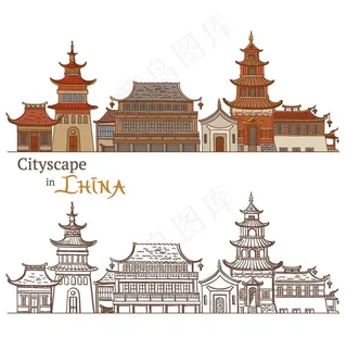 中式建筑物插画图片