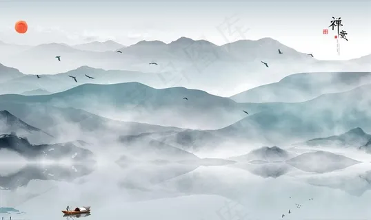 水墨山水 小船 背景墙图片 水墨山水 小船 背景墙图片