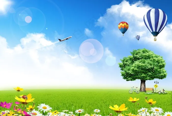 蓝天白云草地图片psd模版下载