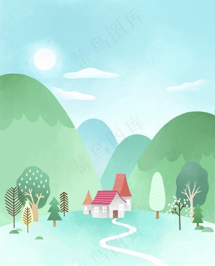 唯美浪漫树林风景小屋插画图片