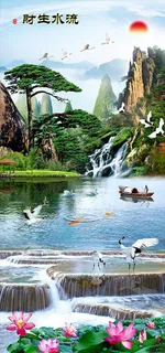 流水生财唯美寓意现实山水画玄关图片