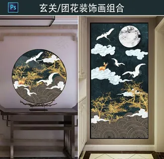 新中式国潮仙鹤圆盘玄关装饰画图片 新中式国潮仙鹤圆盘玄关装饰画图片