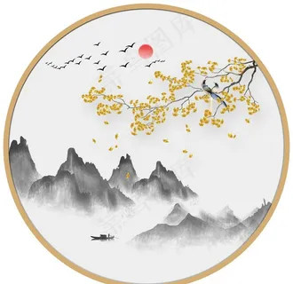 圆形山水画圆形水墨画圆形银杏叶图片