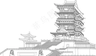 滕王阁矢量线描图片