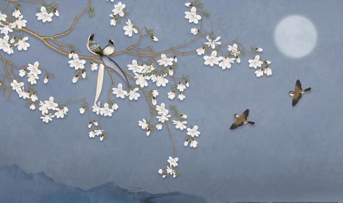 中式花鸟 玉兰花图片