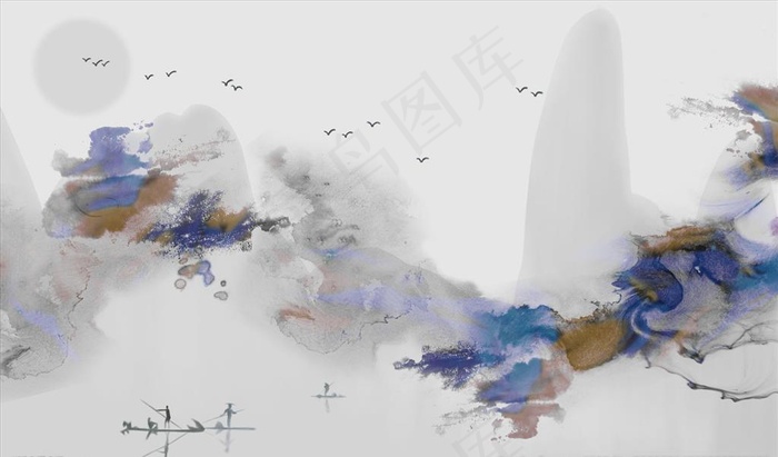 水墨山水 小船 背景墙图片