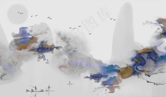 水墨山水 小船 背景墙图片
