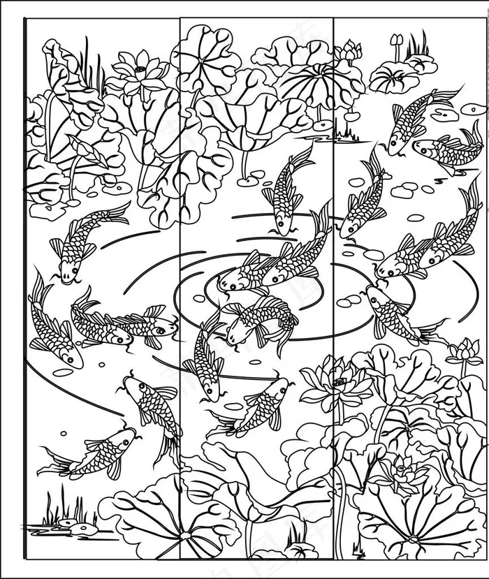 荷花九鱼图大型装饰背景图案图片cdr矢量模版下载