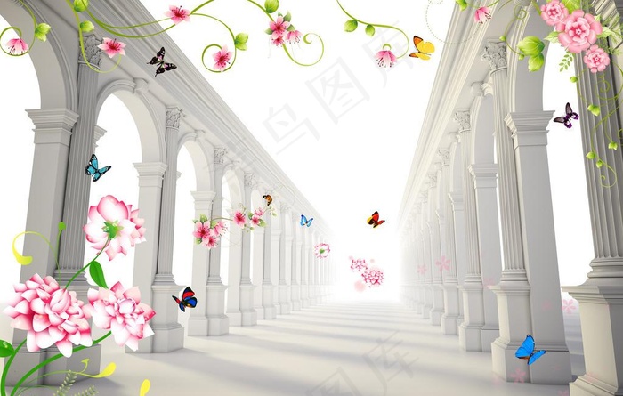 3D空间花卉蝴蝶背景墙图片