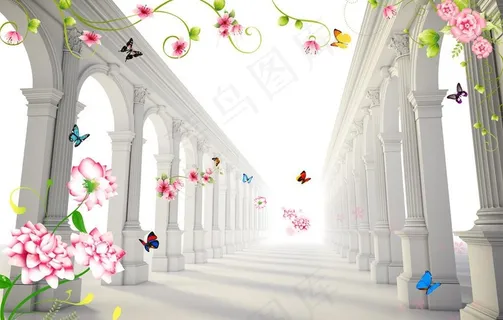 3D空间花卉蝴蝶背景墙图片