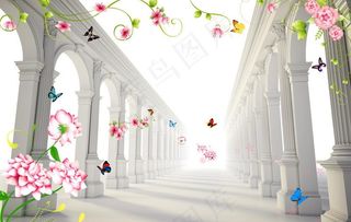 3D空间花卉蝴蝶背景墙图片