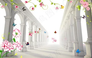 3D空间花卉蝴蝶背景墙图片